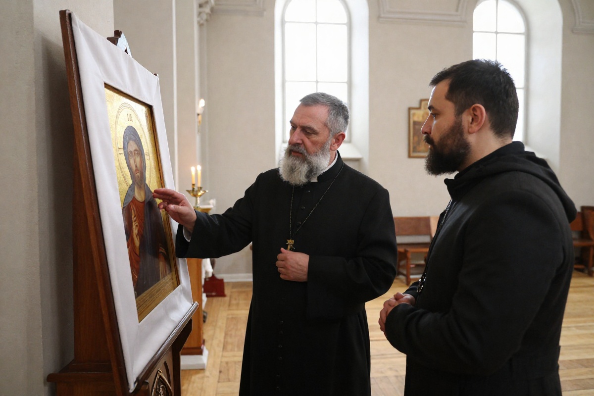 Священник и даритель обсуждают большую икону в храме