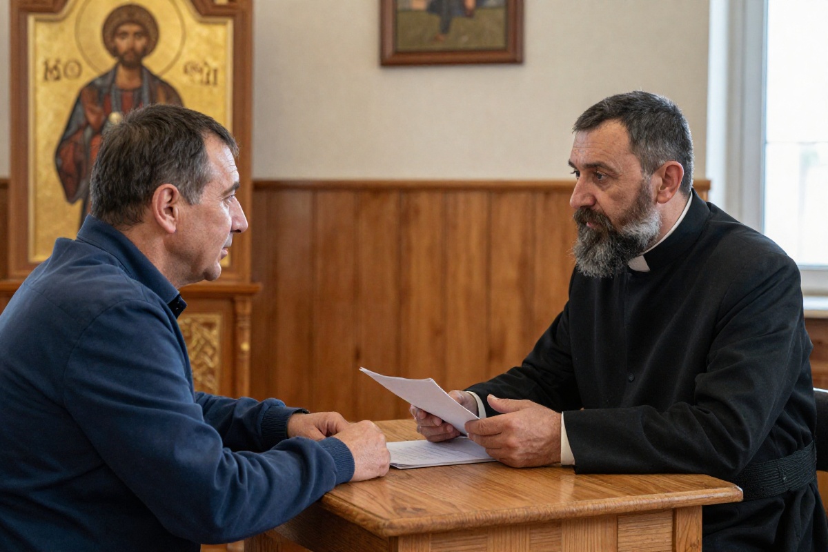 Священник и даритель обсуждают документы о передаче иконы храму